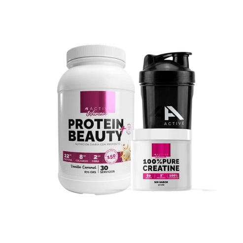 Pack Proteina Beauty Vainilla Caramel 870Gr+ Creatina 300Gr Sin Sabor + Shaker -4Active
