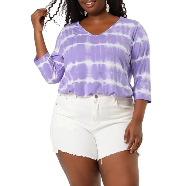 Agnes Orinda Blusas Casuales de Talla Grande para Mujer, Tops de Colegio con Rayas de Tie Dye, Cuello en V, Mangas 3/4, Túnica, 3X Púrpura