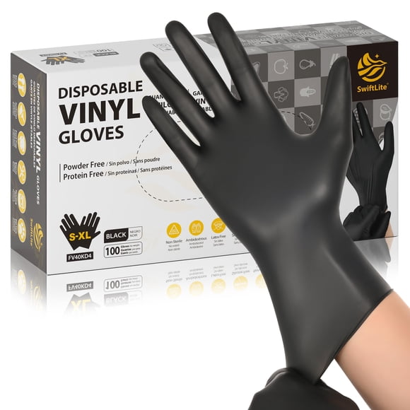 Guantes desechables de vinilo SWIFTLITE negros aptos para uso alimentario (100, S)