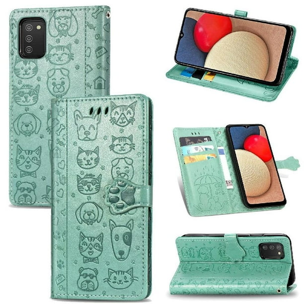 Funda Cartera FOXDOCK para Samsung Galaxy A02S , Flip PU con Relieve de Gatos y Perros, Tarjetero y Soporte