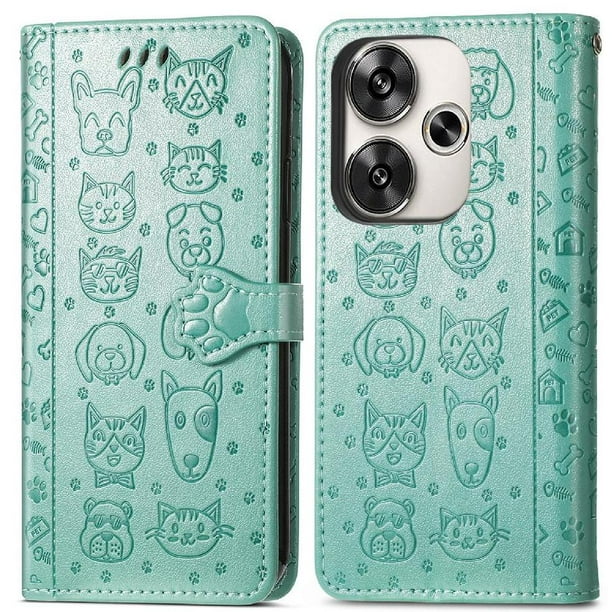 Funda Cartera FOXDOCK para Xiaomi POCO F6 , Flip PU con Relieve de Gatos y Perros, Tarjetero y Soporte