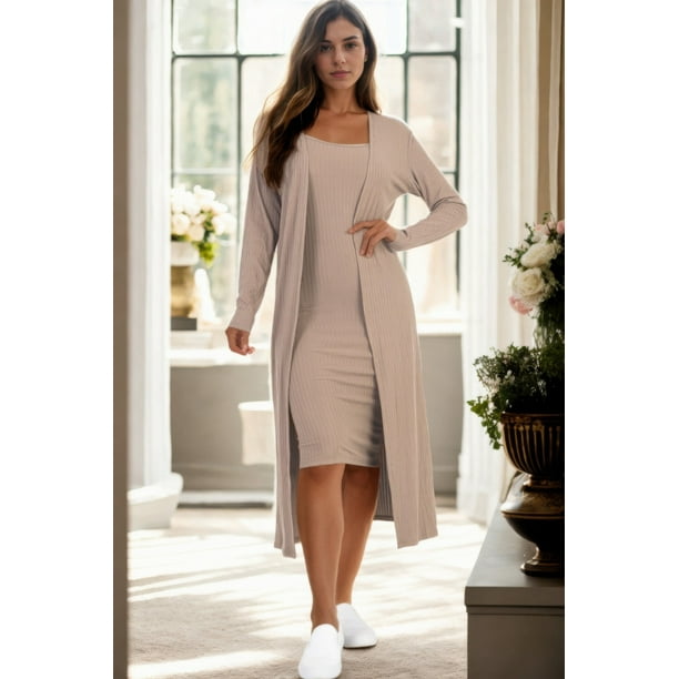 Cárdigan de Canalé y Vestido Midi Ajustado con Tirantes Finos