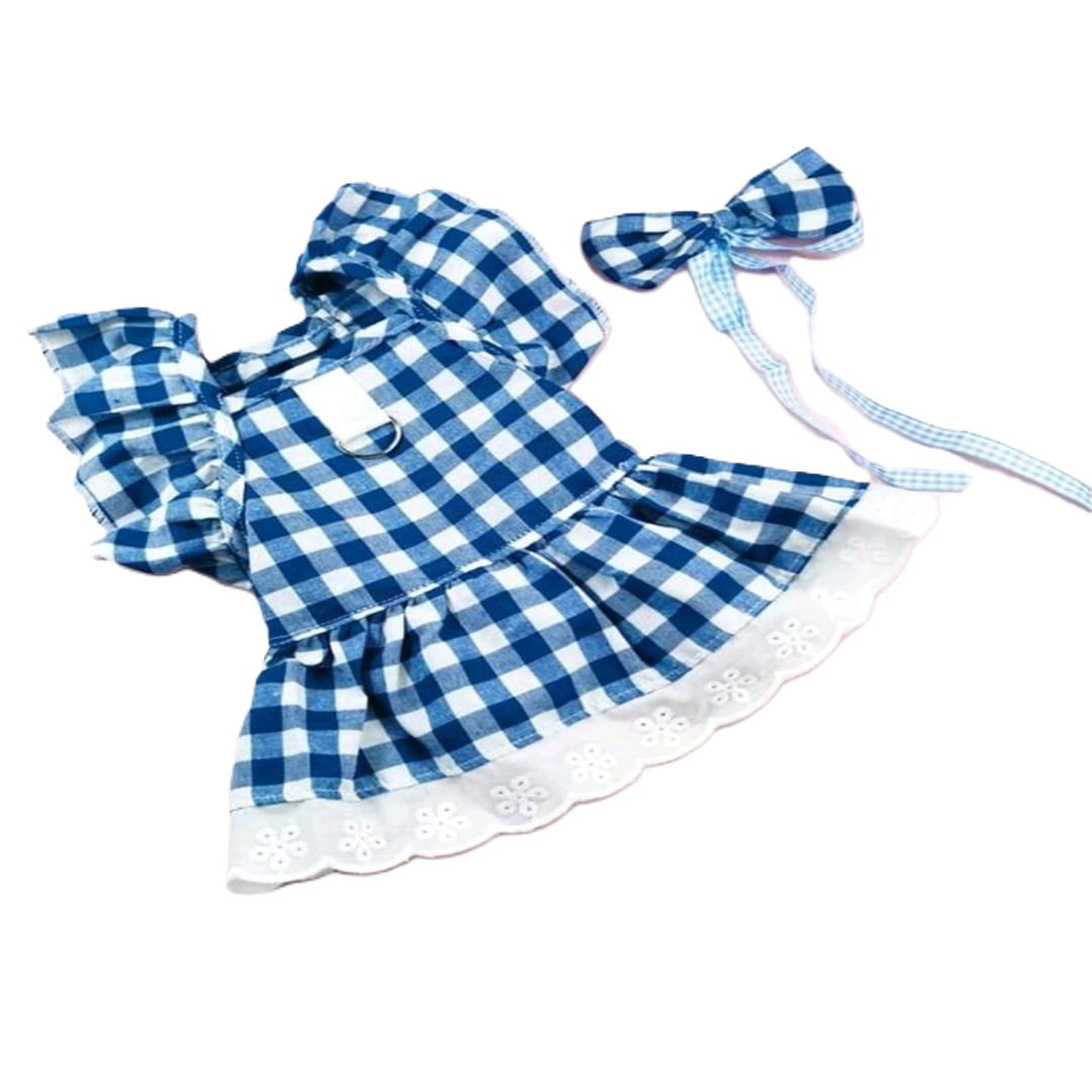 Vestido Cuadrille Azul Y Blanco Con Lazo Para Mascotas Perros Gatos Conejos Otros