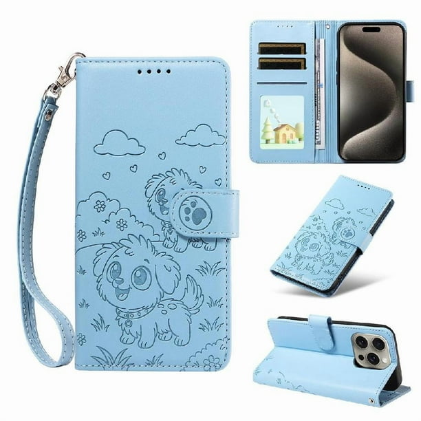Funda Billetera FOXDOCK Compatible con iPhone 15 Pro Max, Diseño Perrito Tierno, Ranuras para Tarjetas y Soporte Plegable