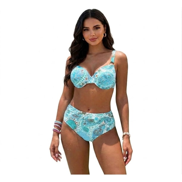 Bikini Dos Piezas Color Turquesa con Estampado de Mandalas y Tiro Alto