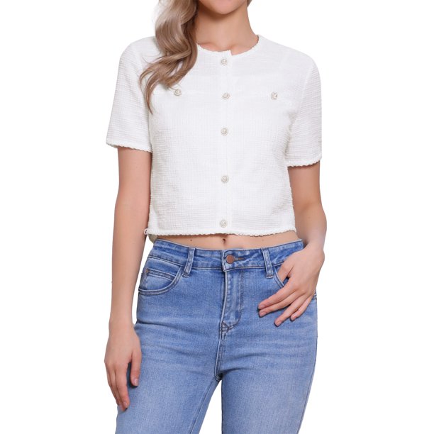 INSPIRE CHIC Chaqueta de punto de tweed para mujer de regreso a clases, manga corta, cuello redondo, cárdigan corto, blanco, talla S