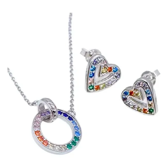 Conjunto Aros Y Collar Circonitas Colores Corazon, Plata 925 Plateado