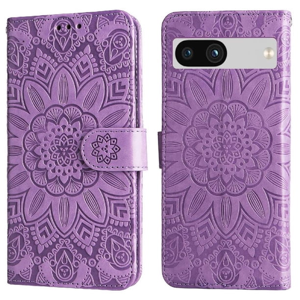 Funda tipo cartera FOXDOCK para Google Pixel 7A , diseño girasol en relieve, cuero PU, cierre magnético, soporte y tarjetero