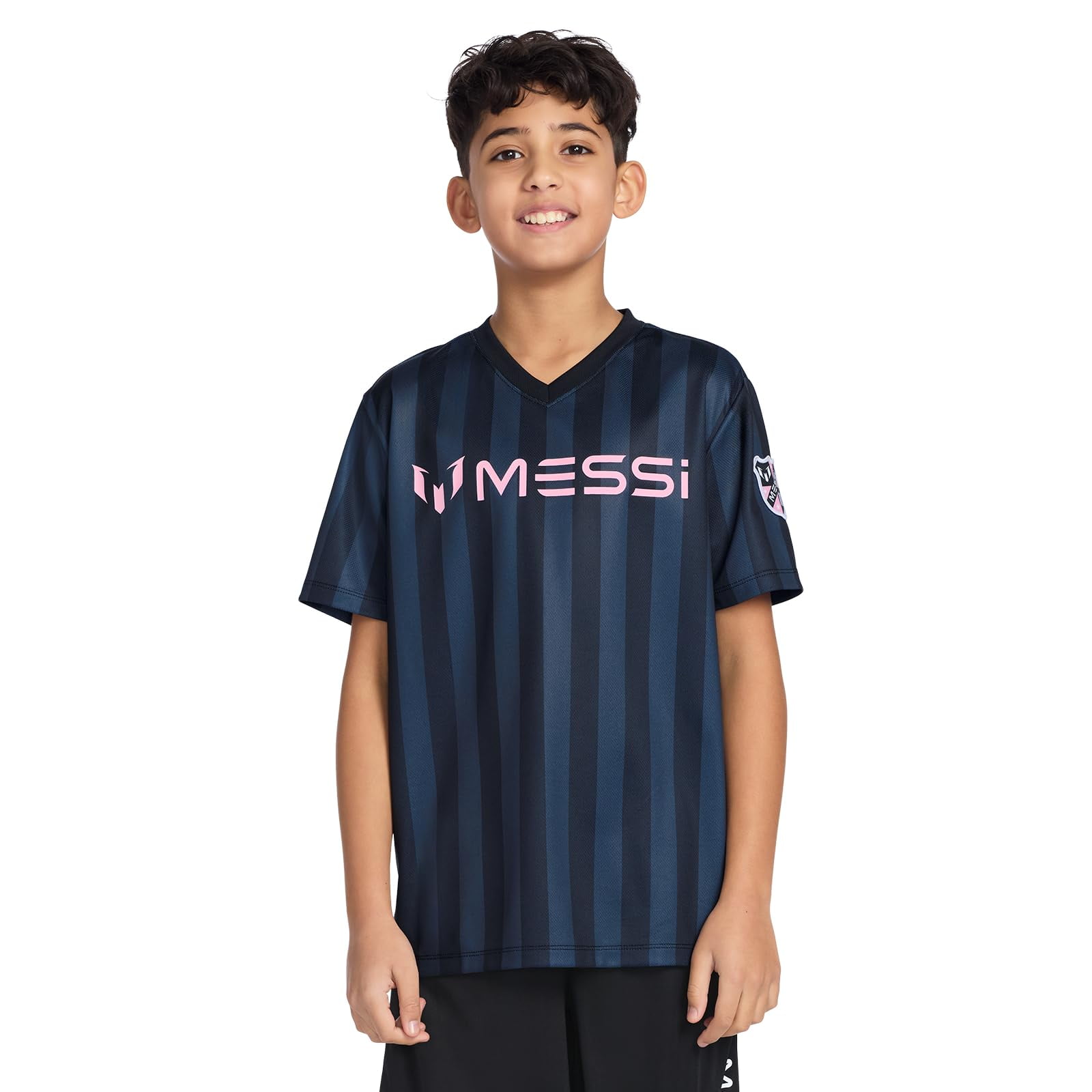 Top De Manga Corta Con Cuello En V Y Rayas Para Niño Messi, Talla 4