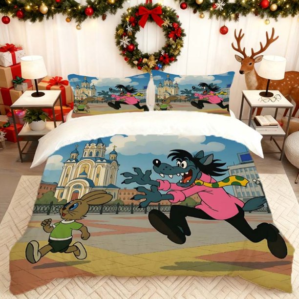 Animation 'Well Just You Wait!' Rabbit And Wolf Chase Cartoon Printed Duvet Cover Set Soft And Comfortable Suitable for All Seasons an Essential for Home Bedroo