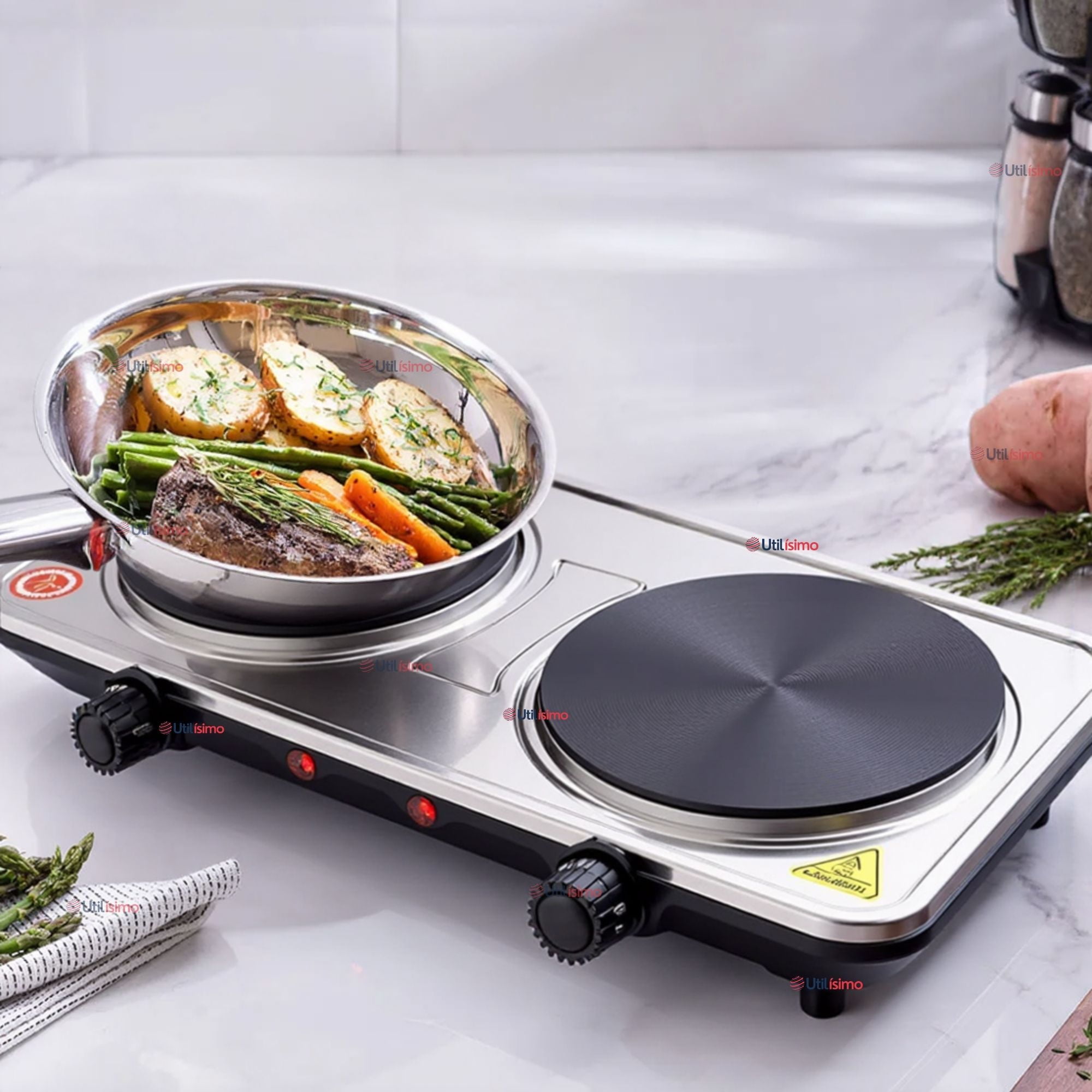 Sokany - Cocina Encimera Eléctrica 2 Platos 2000w Cocinilla Premium Plateada