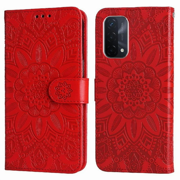 Funda tipo cartera FOXDOCK para OPPO A54 5G , diseño girasol en relieve, cuero PU, cierre magnético, soporte y tarjetero
