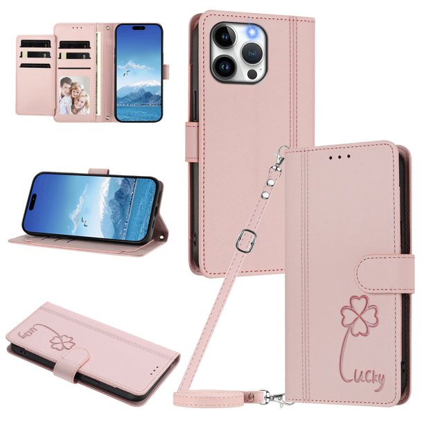 Funda Cartera Trébol para iPhone 14 Pro Max con Ranuras Tarjetas y Carga Inalámbrica Rosa