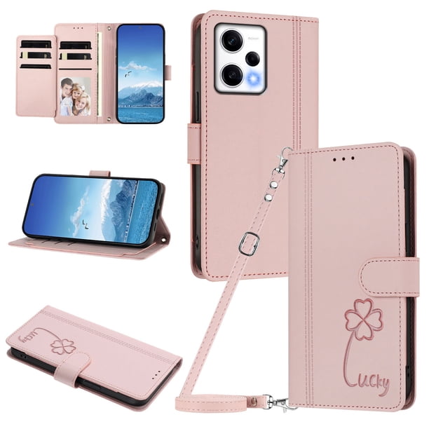 Funda Cartera Trébol para Xiaomi Redmi Note 12 Pro 5G con Ranuras Tarjetas y Carga Inalámbrica Rosa