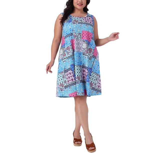 Vestido de verano sin mangas con cuello redondo y bolsillos para mujer de talla grande Agnes Orinda, 4X rosa azul