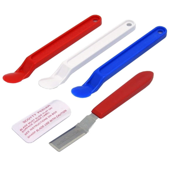 Pelador Scotty con removedor de etiquetas y pegatinas, 3 de plástico y 1 de metal