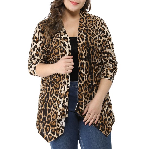 Agnes Orinda Chaquetas de Punto para Mujer Tallas Grandes con Estampado de Leopardo y Floral, Chaqueta Ligera Abierta de Otoño, Talla 3X Beige