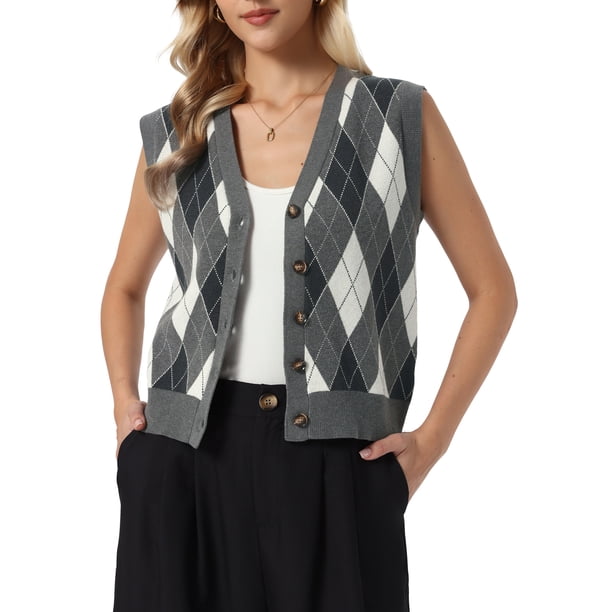 INSPIRE CHIC Chaleco de Suéter para Mujer sin Mangas Cuello en V Argyle con Botones Cardigan Casual L Gris Oscuro