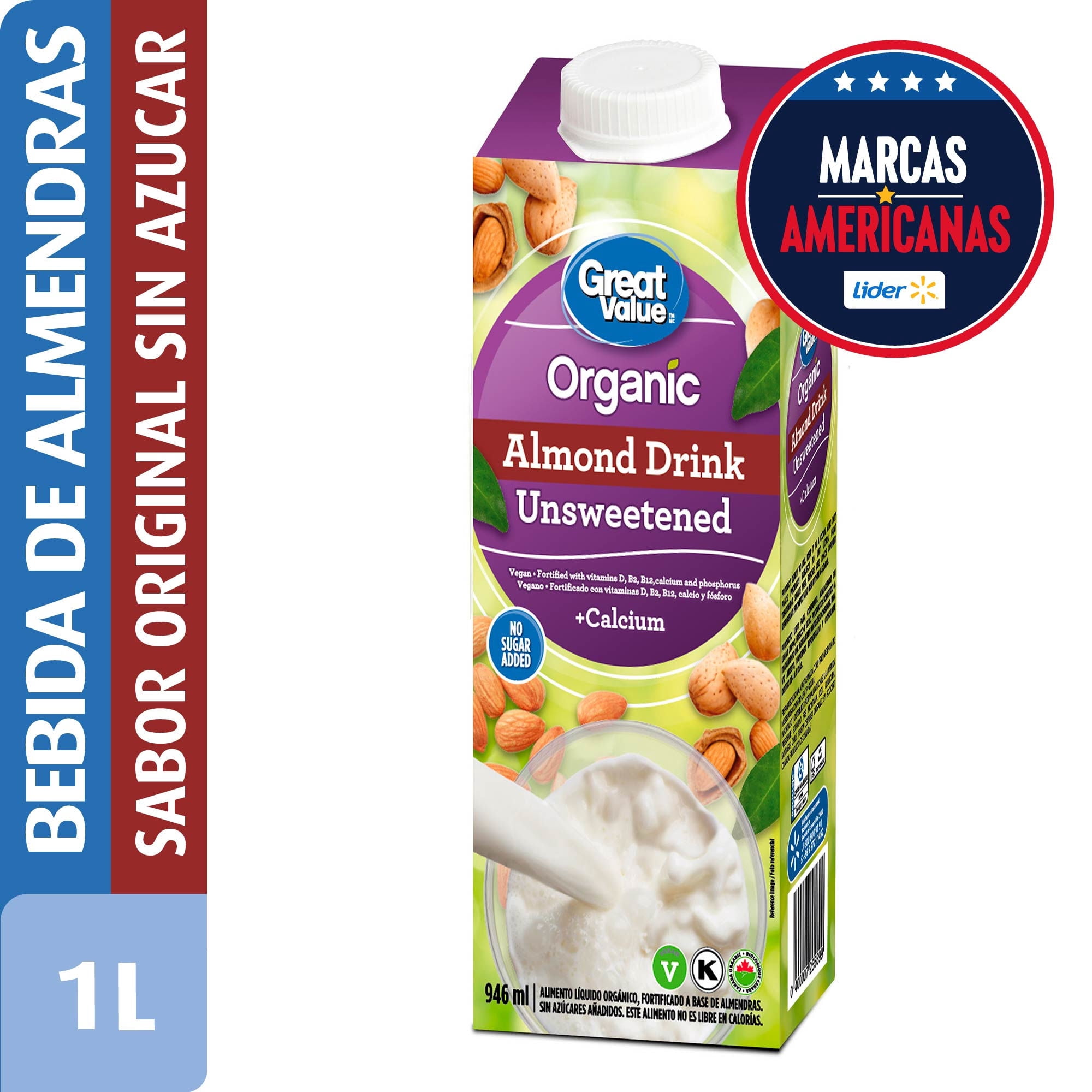 Bebida Vegetal Almendras Sin Azúcar 946 ml Great Value