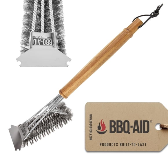 Cepillo BBQ-AID para parrilla en todos los ángulos con mango grande de madera