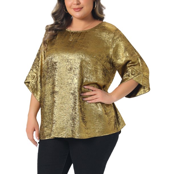 Agnes Orinda Conjuntos de Halloween para Mujeres Tallas Grandes Tops Metálicos Brillantes Cuello Redondo Camisas de Manga 3/4 Blusas Informales para Fiesta Túnica 4X Oro