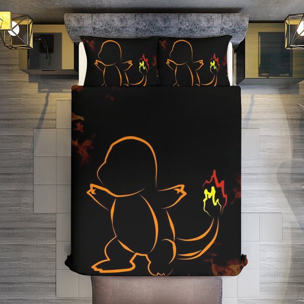 PokmonCharmander 3 Piece Sets Full/Queen Size - Reversible Microfiber Quilts with Shams Soft Lightweight Bedspread Coverlet Comforter for All Season Bed Sheets
