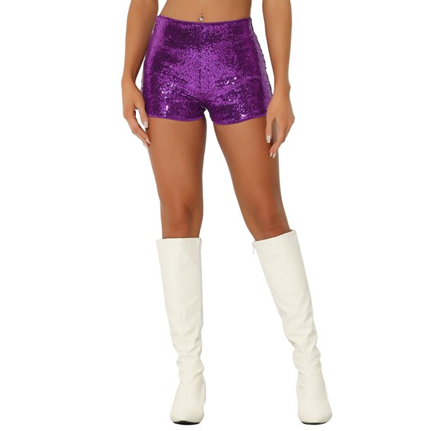 INSPIRE CHIC Pantalones Cortos de Mujer con Lentejuelas Brillantes de Tiro Medio Sólido Brillo Cóctel Cintura Elástica Púrpura M