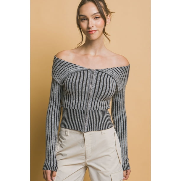 Top De Manga Larga Elástico De Viscosa Con Cuello Bardot Y Cremallera Acanalado Gris (para Mujer)