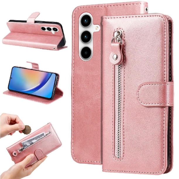 Funda tipo cartera para Samsung Galaxy A35 con bolsillo con cremallera y ranuras para tarjetas – Función de soporte Rosa