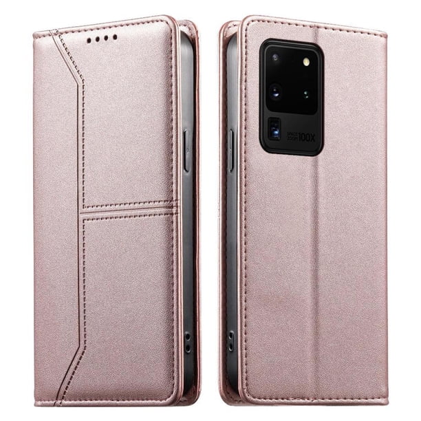 Funda tipo cartera con bloqueo RFID para Samsung Galaxy S20 Ultra cubierta magnética de cuero con tapa y soporte Rosa