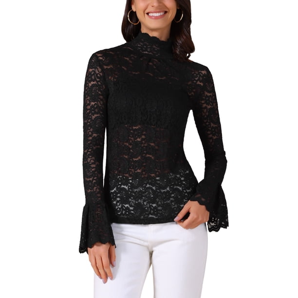 INSPIRE CHIC Top de Mujer con Encaje Floral y Malla Transparente Cuello Alto Casual XS Negro