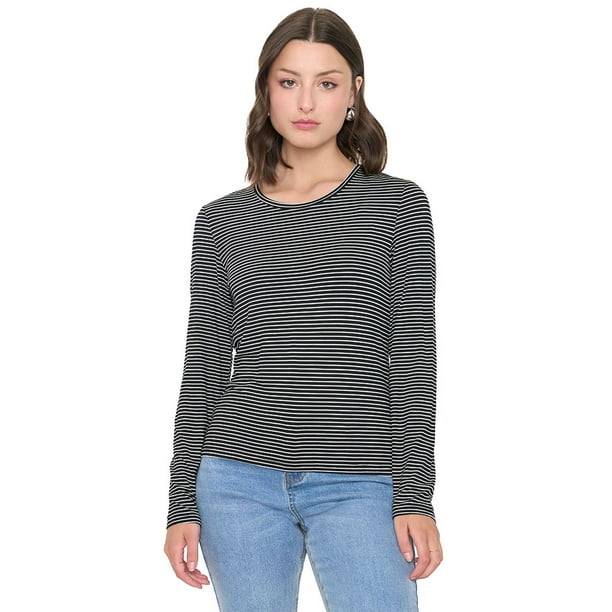 Polera Mujer Manga Larga Líneas Negro Corona