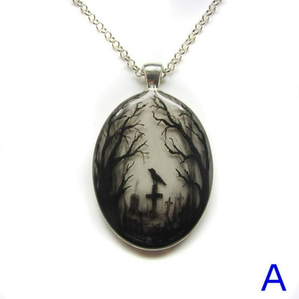 1pc Gothic Black Cat Forest Charm Necklace - Fashionable Witch Artificial Jewelry for Men and Women - Includes Glass Pendant and Cross Crow Glass Pendant