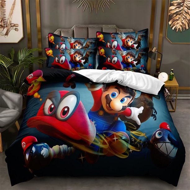x845 Bed Sheets Cartoon Print Mario Duvet Cover,Gamer Characters Super Mario Bedding Set Children Boys Girls Hoilday Gift Room Decoration 3-Piece Bedding Set (1 Duvet Cover + 2 Pillow Shams) nj845