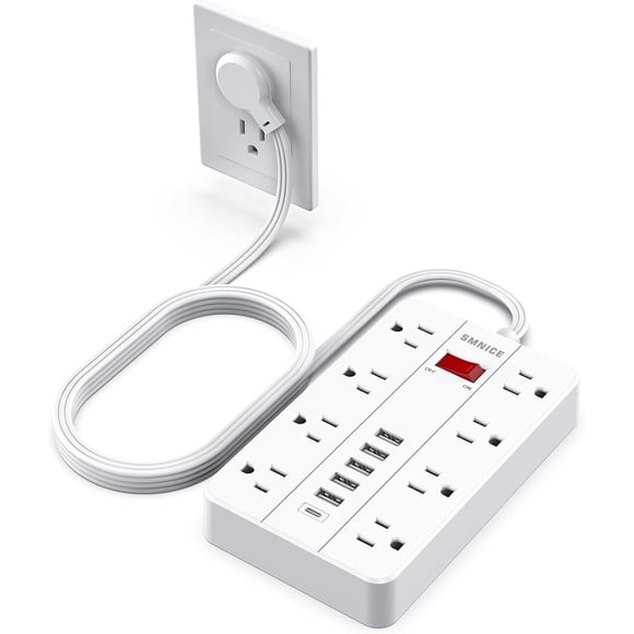 Alargador SMNICE 8 enchufes 6 USB enchufe plano