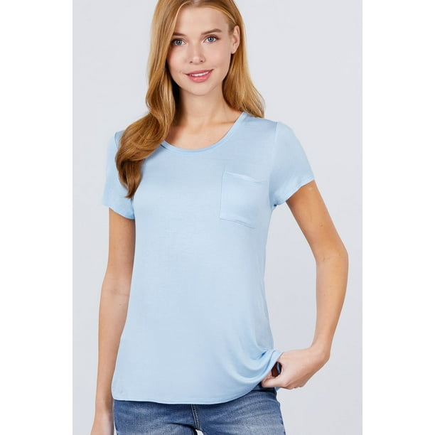Saronite Camiseta Básica de Manga Corta con Cuello Redondo y Bolsillo, Azul Cristal (para Mujer)