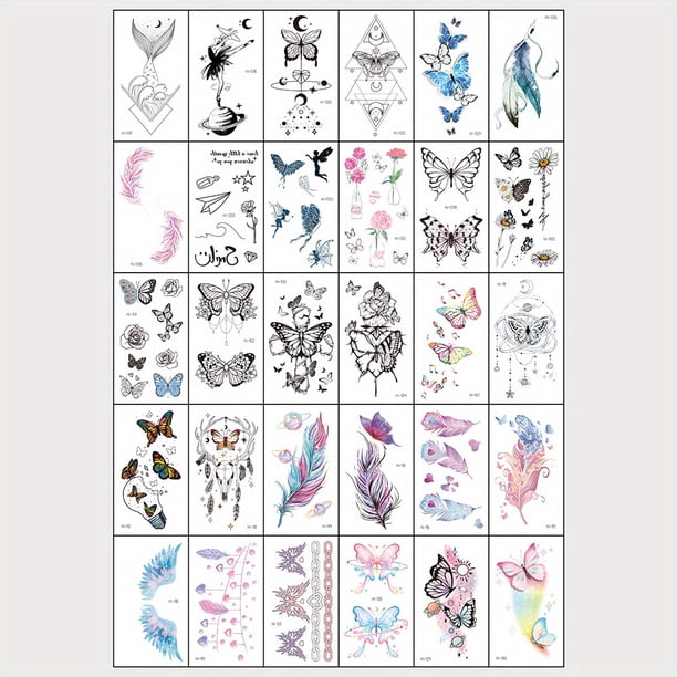 30 Pcs Blue Luminous Butterfly Tattoo Stickers, Glow In The Dark Butterfly Wings Feather Flower Fake Tattoo Lasting 2-5 Days, Tattoo Stickers For Shoulder Wrist Clavicle Arm Ankle Body Small Parts