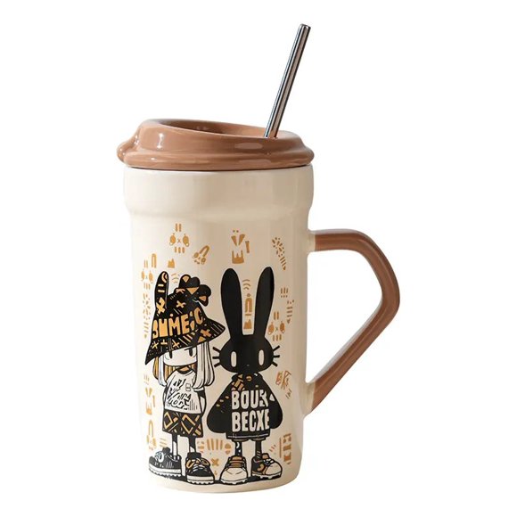 Mug De Cerámica, Con Tapa Y Bombilla, Kawaii 470 Ml