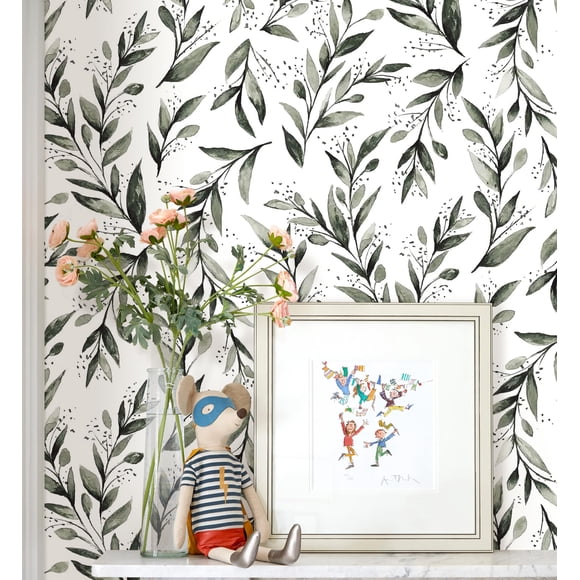 Papel pintado Erfoni, hojas de color verde oscuro, pelar y pegar, 45 cm x 10 m
