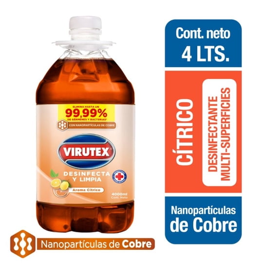 Limpiador Desinfectante Multiespacios Líquido Cítrico Con Nanopatículas De Cobre Bidón 4 lt Virutex