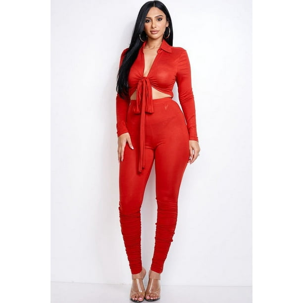 Conjunto De Dos Piezas De Top Con Cuello Anudado Al Frente Y Pantalones Fruncidos De Rayón Sólido Y Spandex Pesado