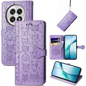 Funda Cartera Foxdock Para Oneplus 13 , Flip Pu Con Relieve De Gatos Y Perros, Tarjetero Y Soporte