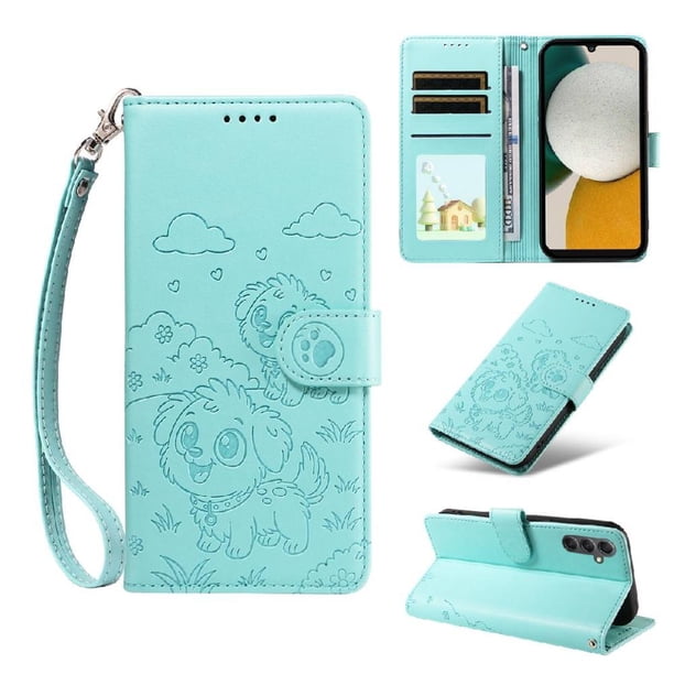 Funda Cartera para Samsung Galaxy A34 5G Perro Cachorro Grabado con Tarjetas Soporte Correa Verde