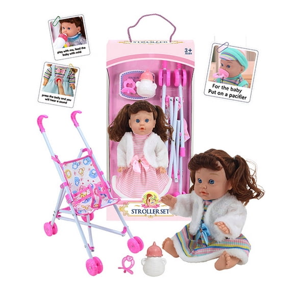 Muñeca Bebé con Coche Paragua Biberon y Accesorios 3+