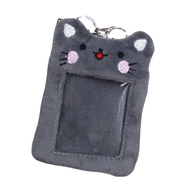 Bonito portatarjetas de felpa, protector portátil para fotos, funda para tarjeta de identificación para mujeres y niñas, llavero colgante para viajes, Gris