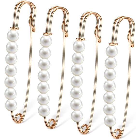 Gold Pearl Brooch Pins for Women, 4-Piece Large Safety Pins