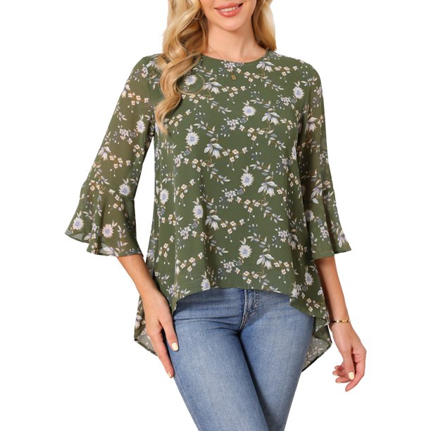 INSPIRE CHIC Blusa de Chifón Floral para Mujer con Cuello Redondo, Parte Superior Asimétrica de Manga 3/4 Acampanada, Casual para Verano, Talla L, Verde