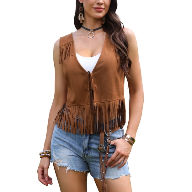 INSPIRE CHIC Chalecos con Flecos para Mujer Estilo Vaquera Sin Mangas Top Chaleco de Flecos de Imitación de Ante XL Marrón