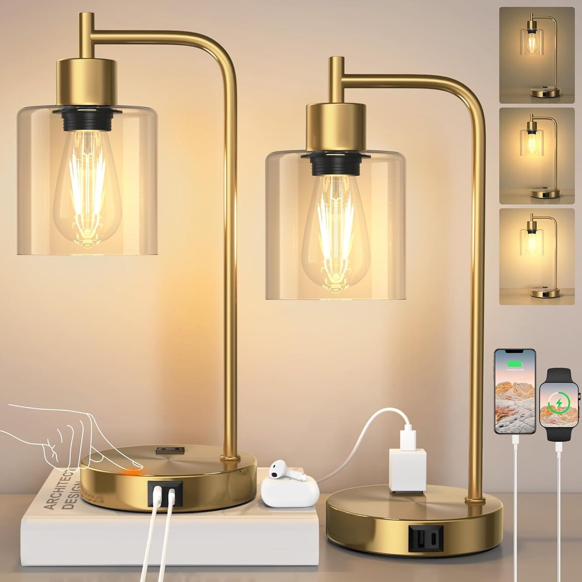 Lamparas Mesa Qimh Tactil Usb Regulable Set 2 Dorado