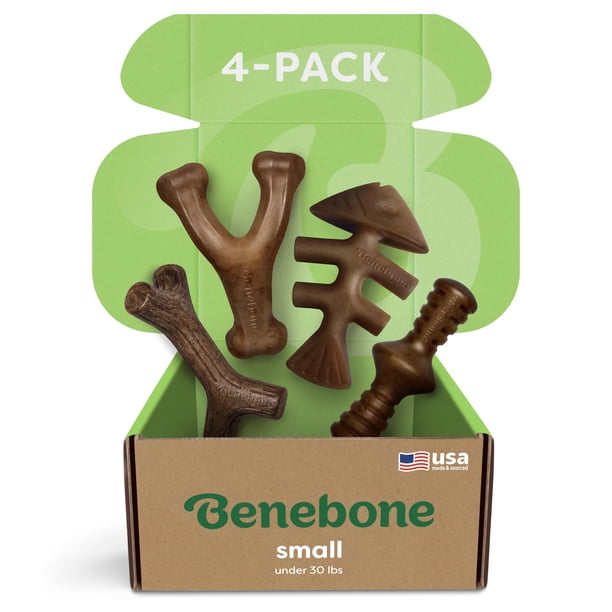Juguetes masticables para perros Benebone, tamaño pequeño, paquete de 4 unidades, para masticadores agresivos